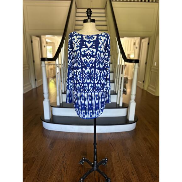 Boston Proper Blue Ikat Dress BodyCon Long Sleeve Summer Dress Pool Beach Resort - Picture 3 of 12